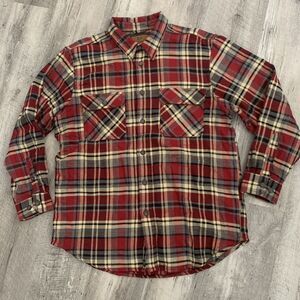 Outdoor Life Mens XL Shirt Jacket Thick Woven Shacket Button Up Red Tan Plaid